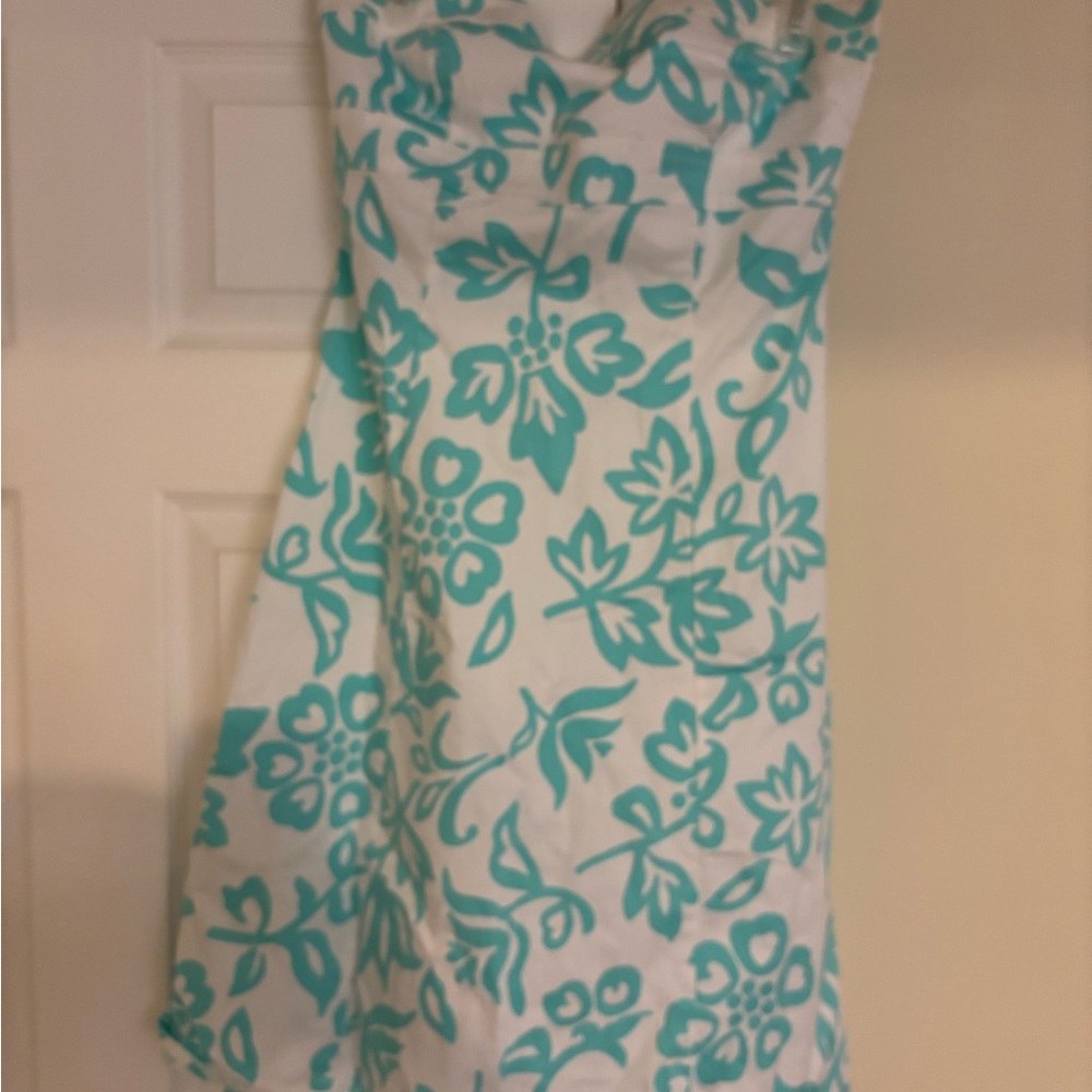 Floral Strapless Dress in White and Teal